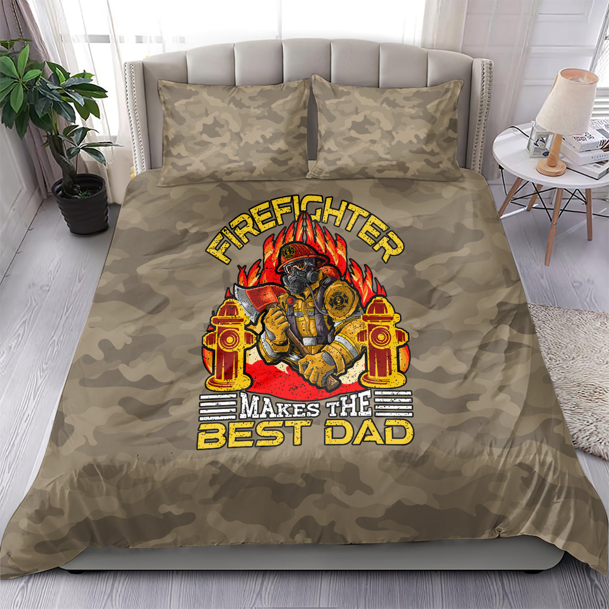 Camouflage firefighter dad bedding set on bed, featuring central fireman illustration and text