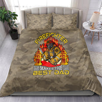 Camouflage firefighter dad bedding set on bed, featuring central fireman illustration and text