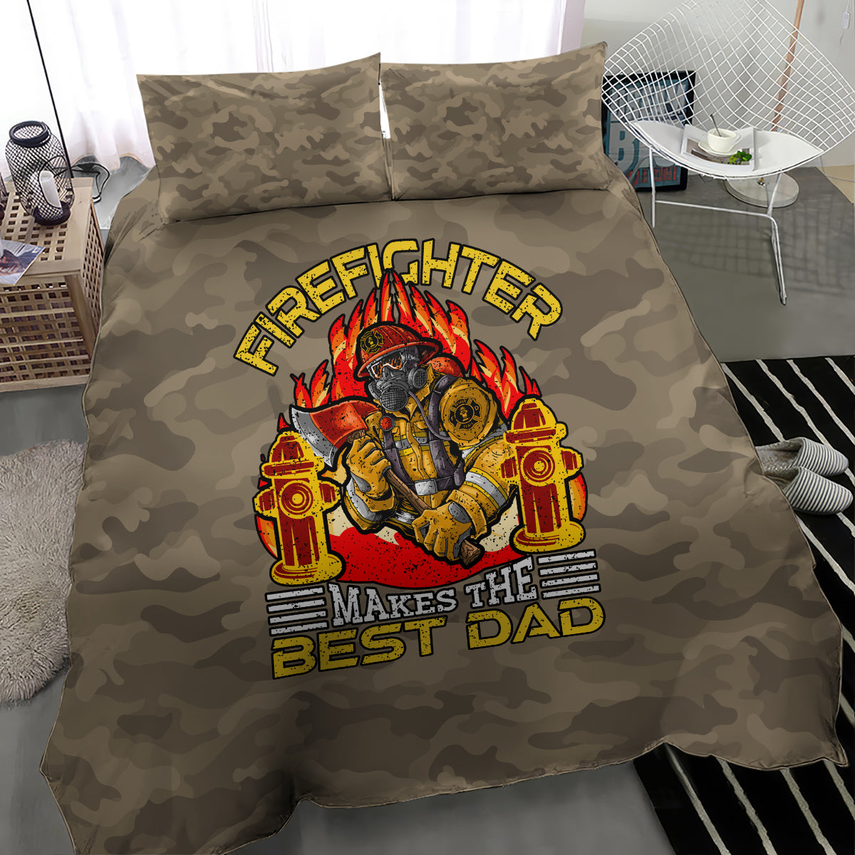 Camouflage firefighter dad bedding set with large front graphic on duvet and two pillows
