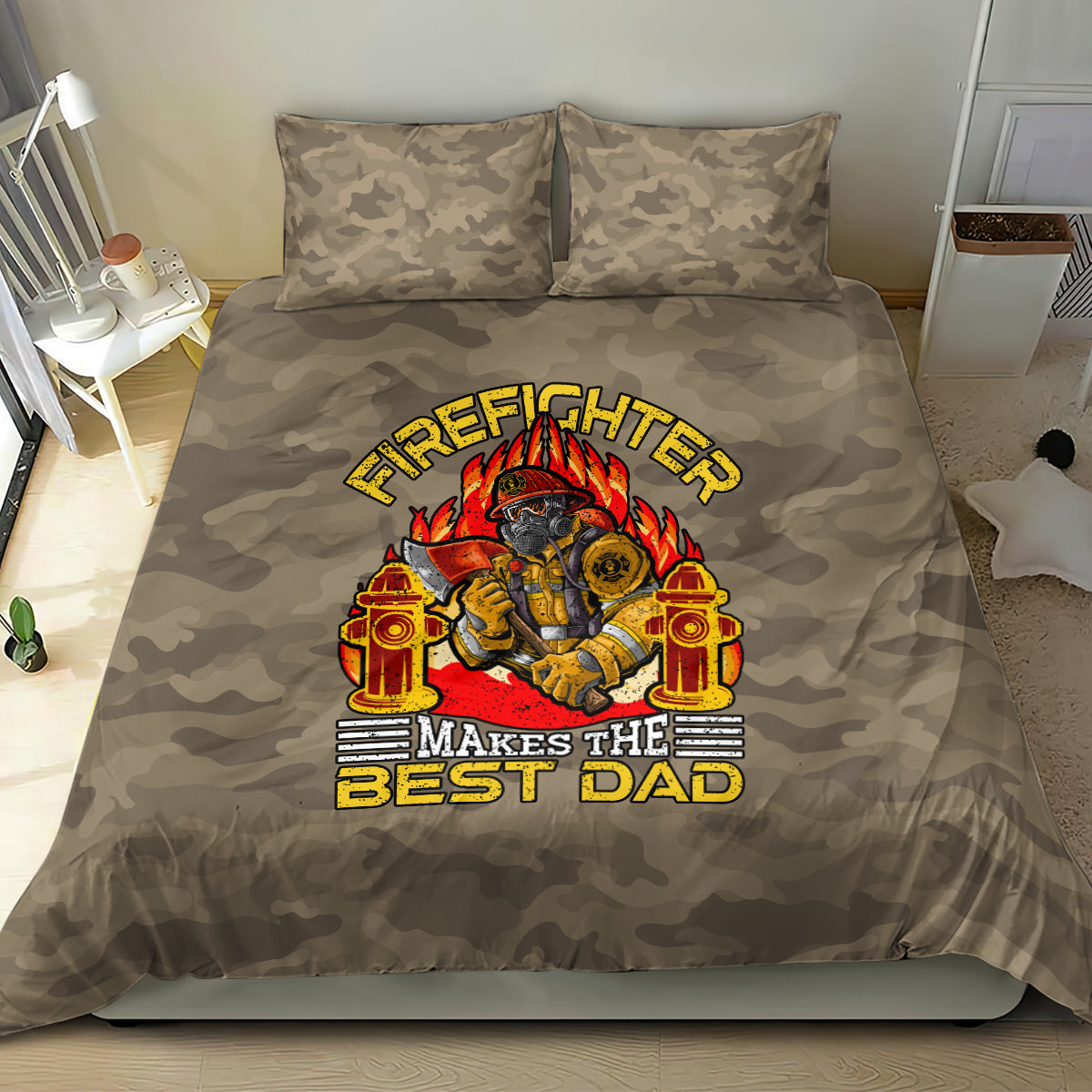 Camouflage firefighter dad bedding set with two pillowcases and bright fireman crest and slogan