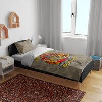 Camouflage firefighter dad bedding set with duvet, pillows, and bold fireman graphic on bed