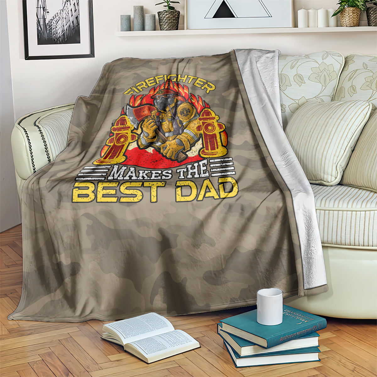 Firefighter theme blanket with dark camo fabric, fiery firefighter image and 'Makes the Best Dad'