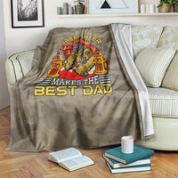 Firefighter theme blanket with dark camo fabric, fiery firefighter image and 'Makes the Best Dad'