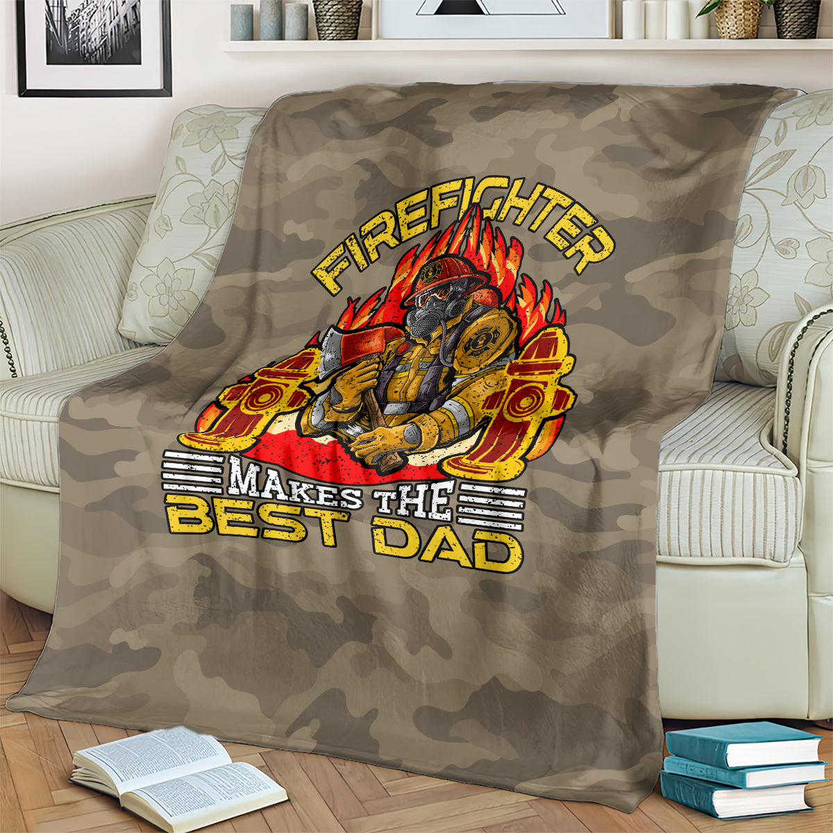 Firefighter theme blanket with large center graphic and 'Makes the Best Dad' text on dark camo