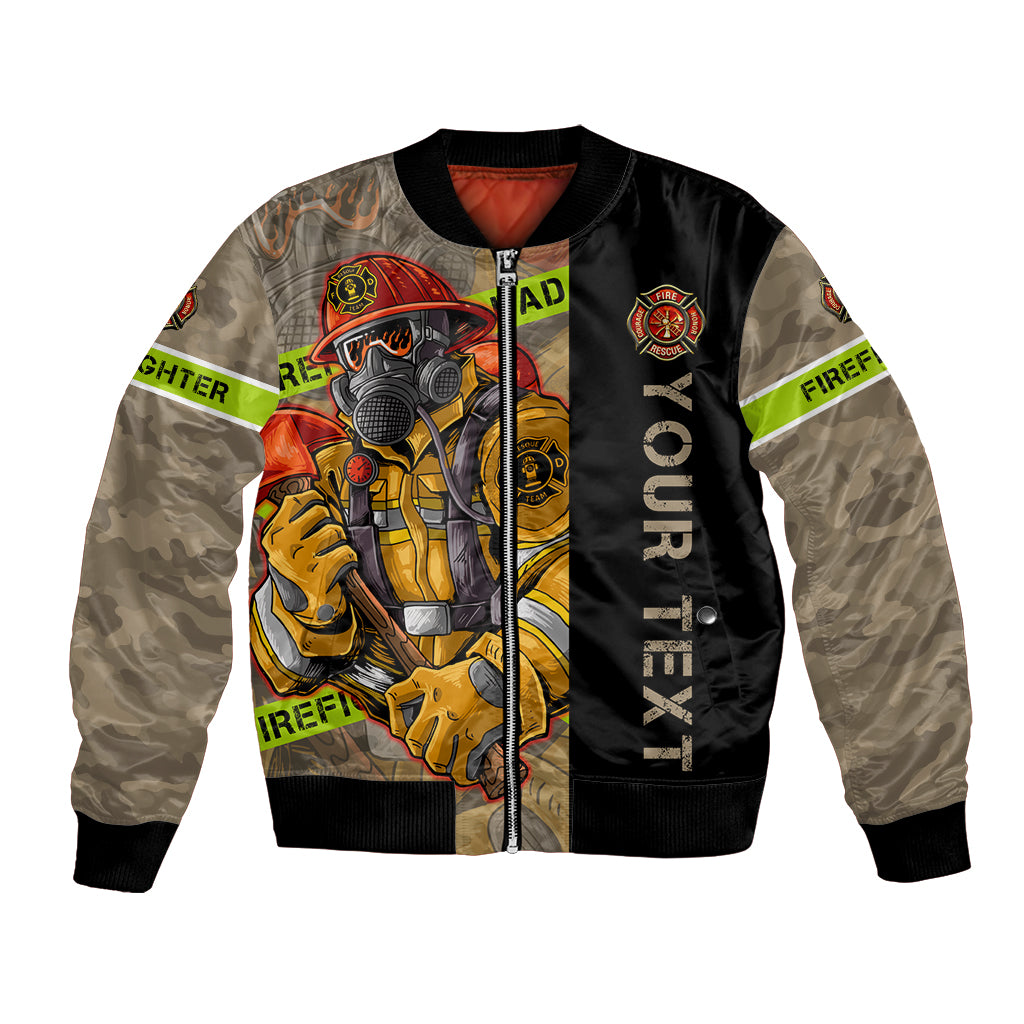 Unisex firefighter bomber jacket with front zipper, black camo sleeves, colorful graphic print