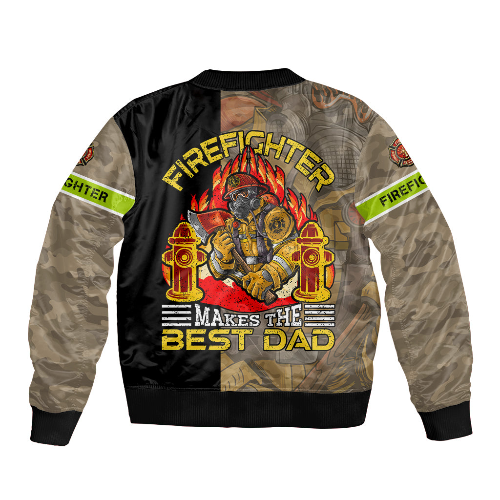 Unisex firefighter bomber jacket back graphic with flames and text, black body, camo sleeves