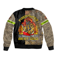 Unisex firefighter bomber jacket back graphic with flames and text, black body, camo sleeves