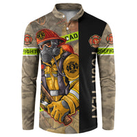 Firefighter dad button sweatshirt with gas mask firefighter graphic, badges, and camo sleeves