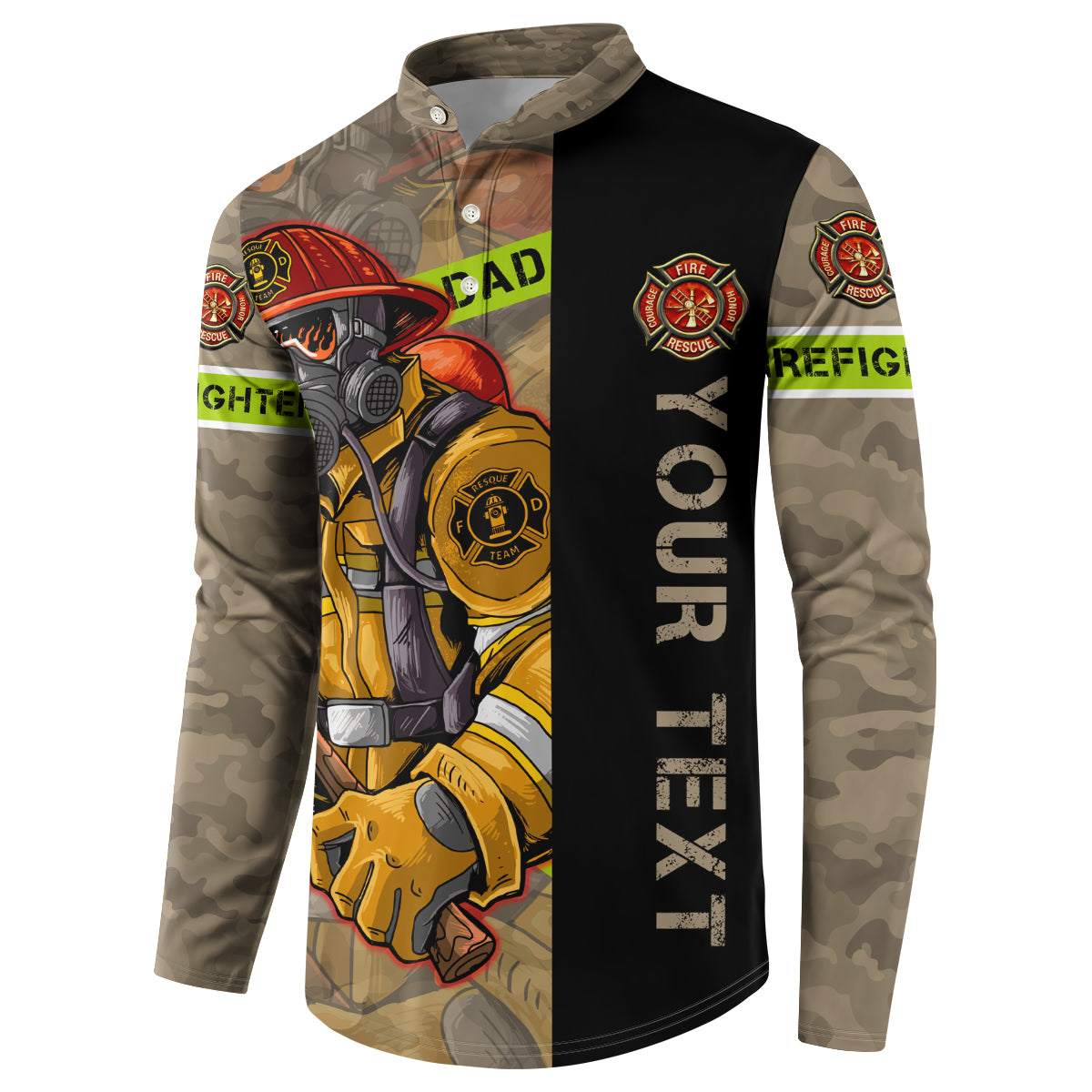 Firefighter dad button sweatshirt with firefighter gas mask graphic, black panel, camo sleeves