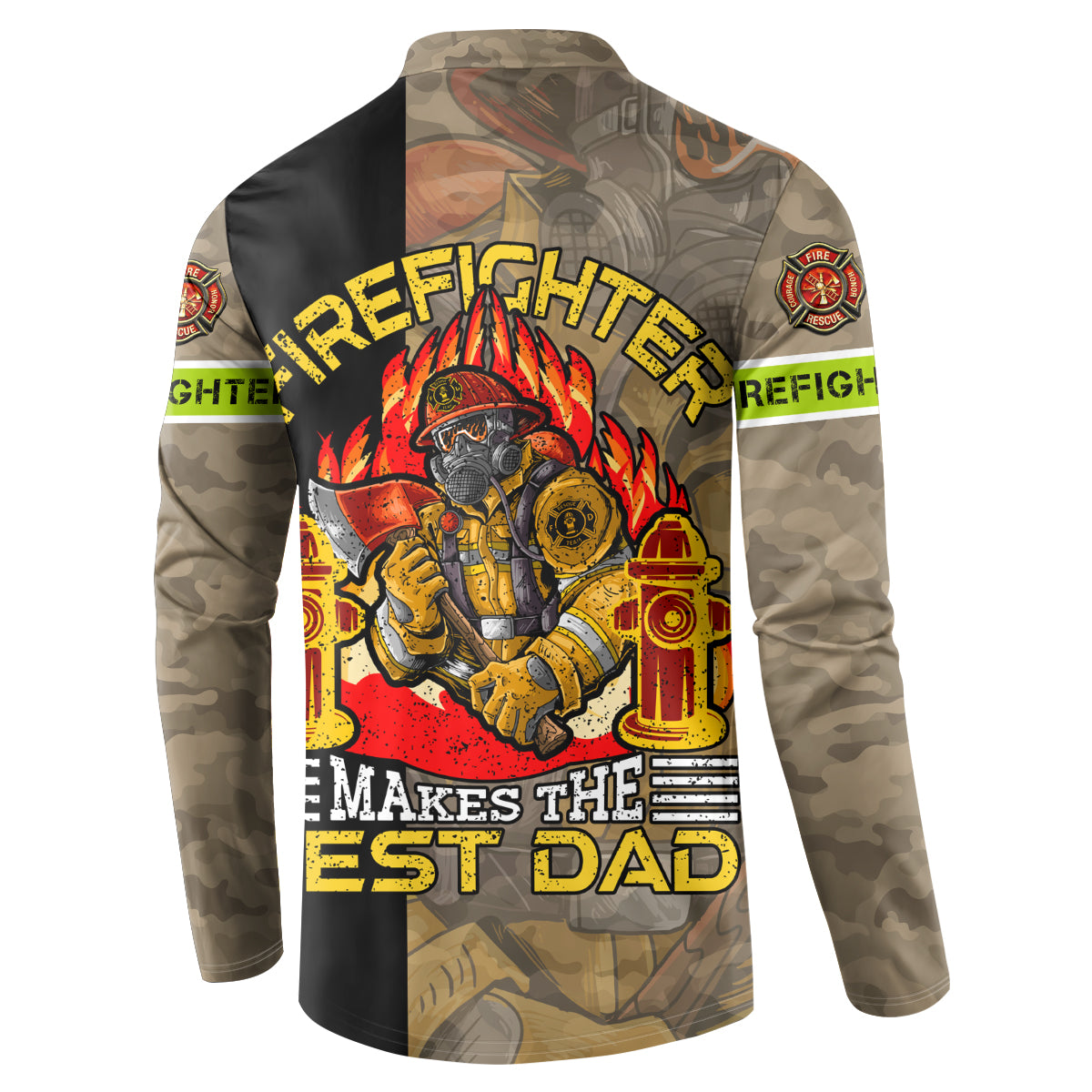 Firefighter dad button sweatshirt with “MAKES THE BEST DAD” graphic, camouflage sleeves