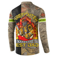Firefighter dad button sweatshirt with “MAKES THE BEST DAD” graphic, camouflage sleeves
