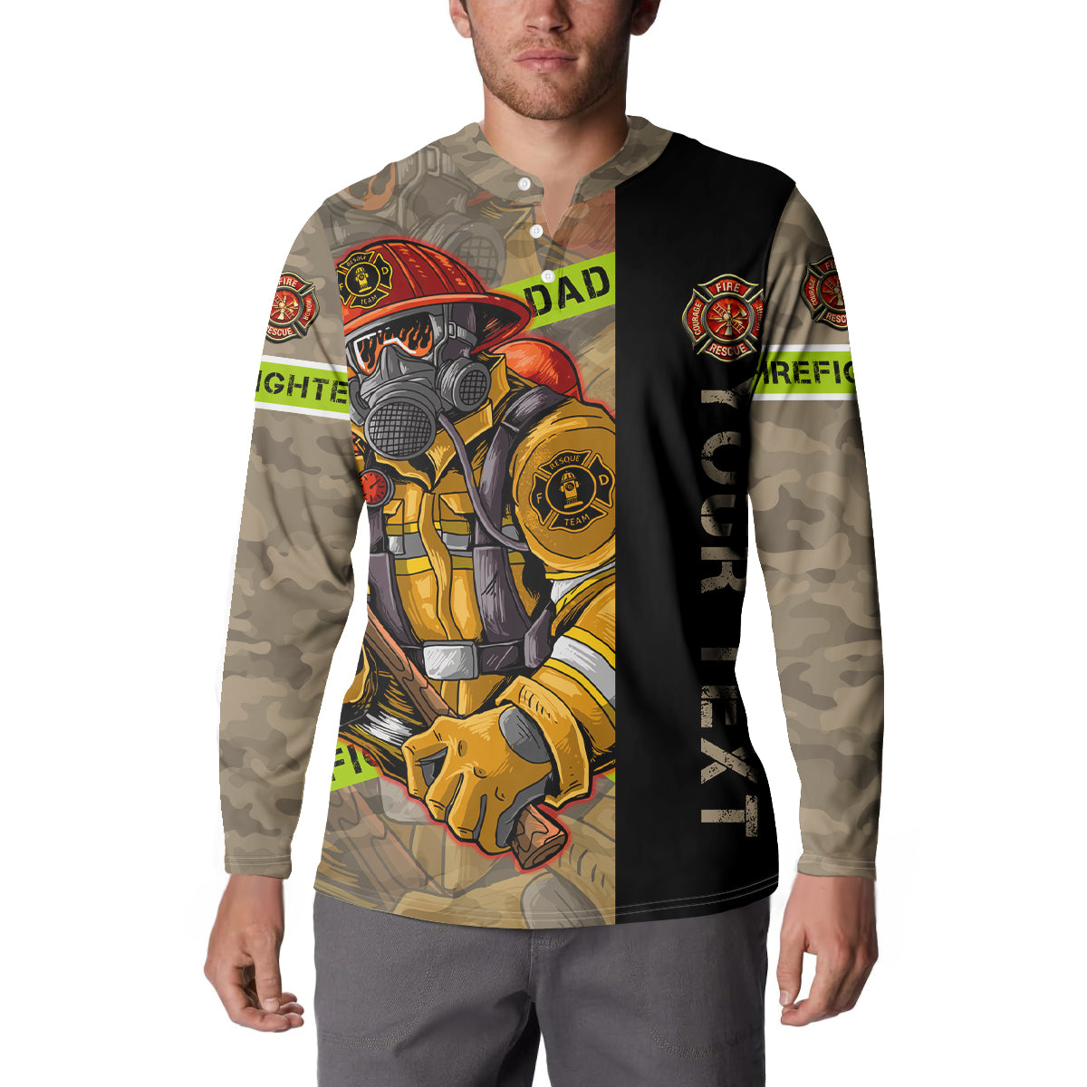 Firefighter dad button sweatshirt on model, gas mask firefighter graphic with camo sleeves