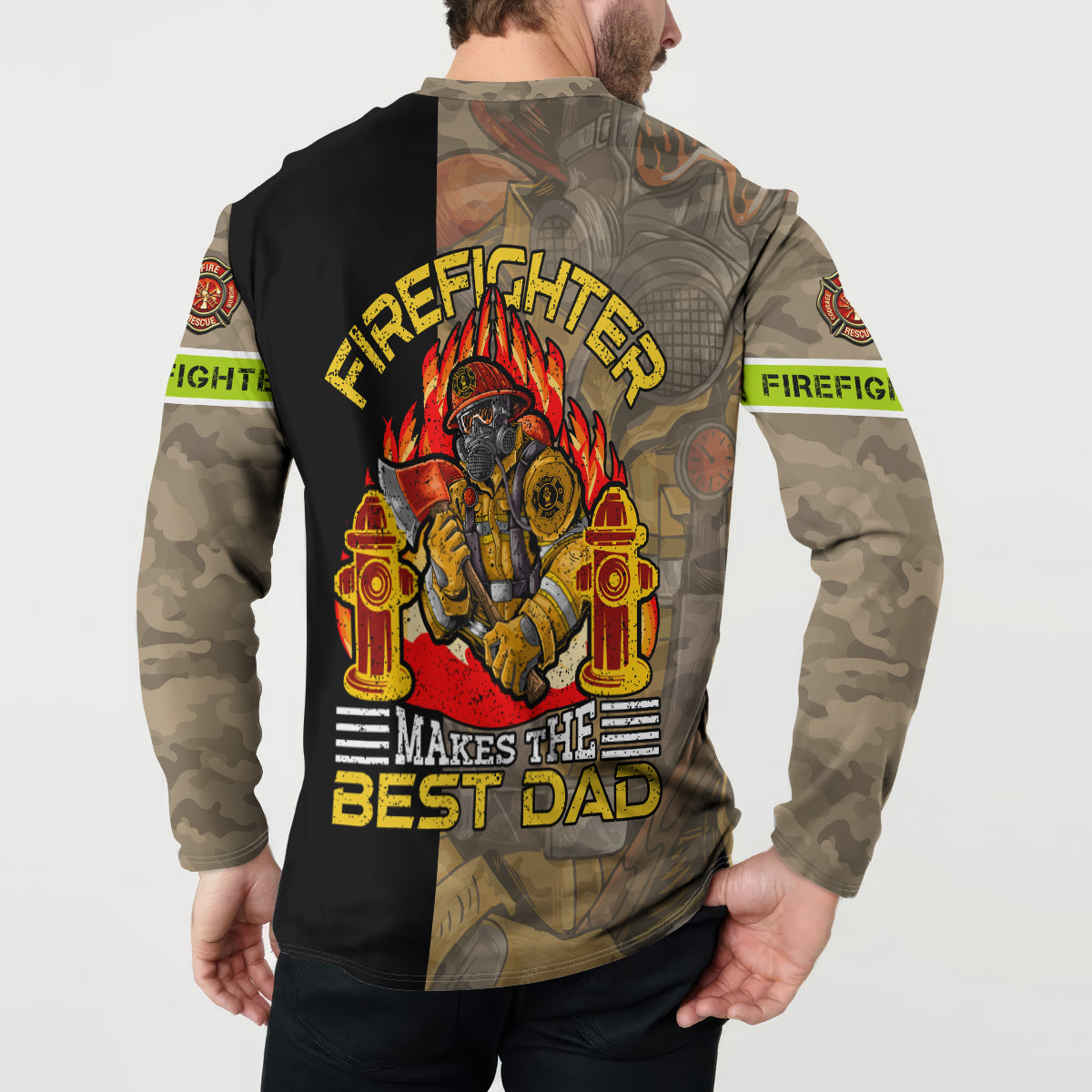 Firefighter dad button sweatshirt, back graphic with “MAKES THE BEST DAD” and firegear
