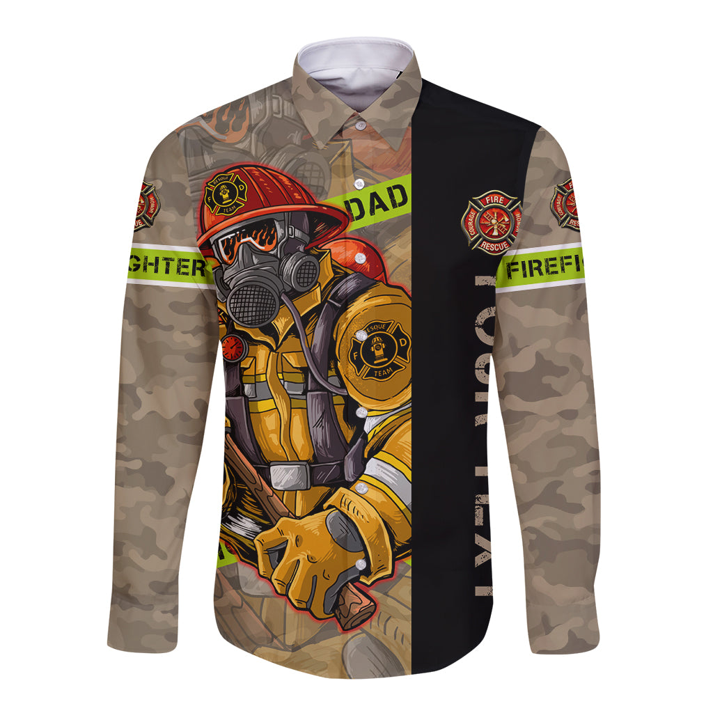Long-sleeve button shirt with firefighter graphic and camouflage sleeve panels, dark and tan