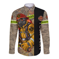 Long-sleeve button shirt with firefighter graphic and camouflage sleeve panels, dark and tan