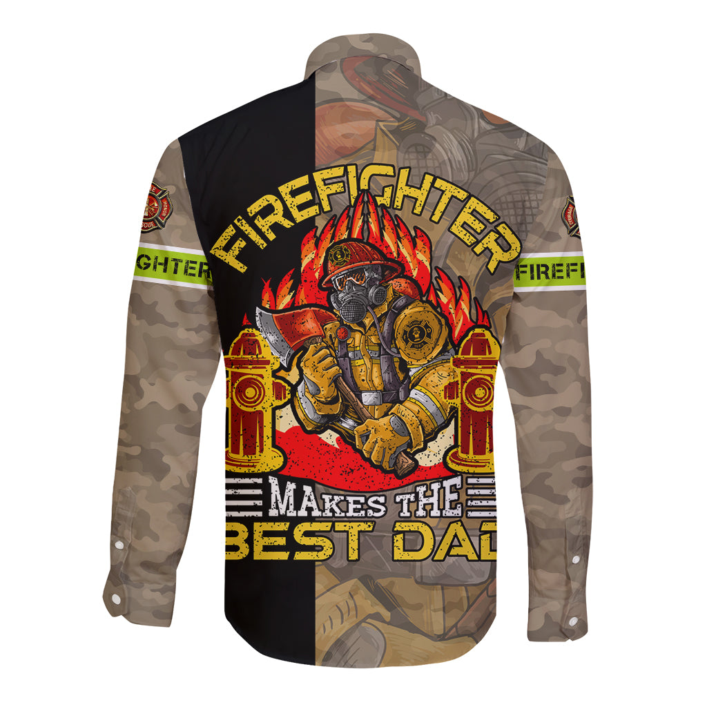Long-sleeve button shirt with firefighter logo and “makes the best dad” text, camouflage sleeves