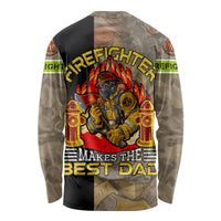 Unisex firefighter long-sleeve shirt, back flames graphic with Makes the Best Dad text