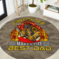 Round firefighter graphic rug with flames and bold 'Make the Best Dad' text