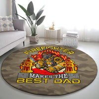 Round firefighter-themed rug with fire engine imagery and 'Make the Best Dad' lettering