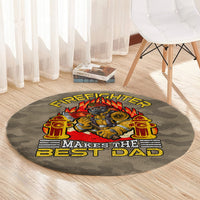 Round firefighter carpet rug with central firefighter illustration and 'Make the Best Dad' text
