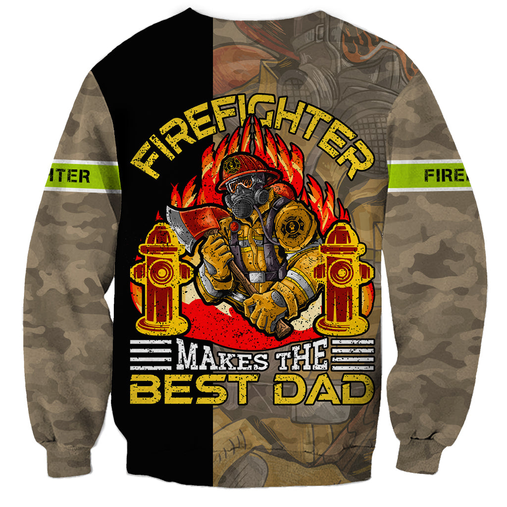 Unisex firefighter sweatshirt with flame helmet graphic and camouflage sleeves