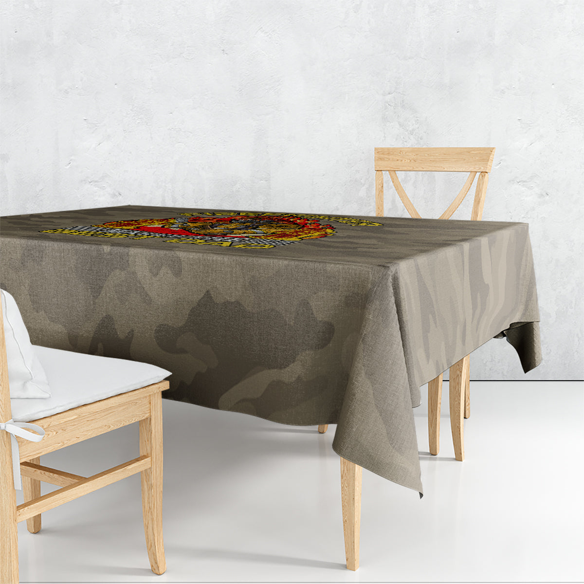 Camo firefighter “Best Dad” tablecloth draped over a dining table, corner print visible