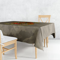 Camo firefighter “Best Dad” tablecloth draped over a dining table, corner print visible