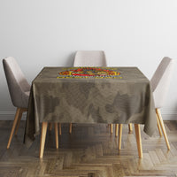 Camo firefighter “Best Dad” tablecloth on a square table with two front chairs