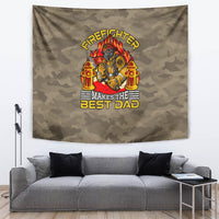Firefighter-themed camouflage tapestry with “Makes the Best Dad” lettering and flame emblem.
