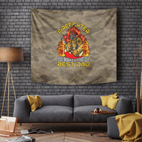 Camouflage firefighter tapestry showing “Makes the Best Dad” under a badge-and-helmet graphic.