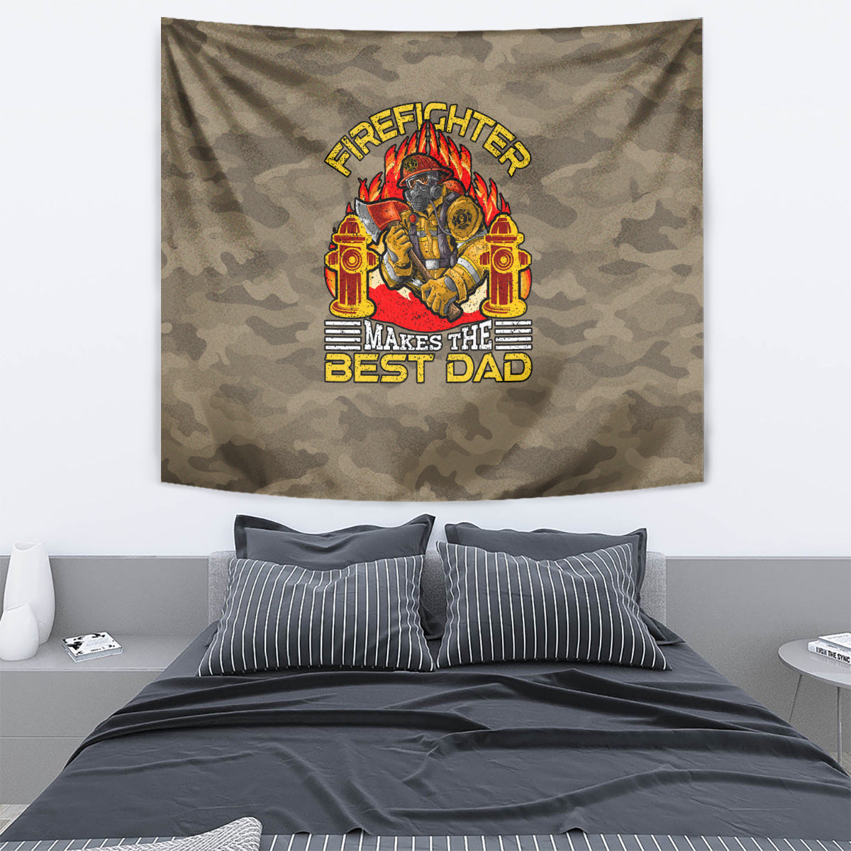 Camouflage-style firefighter wall tapestry with “Makes the Best Dad” text and fireman emblem.