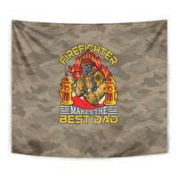 Camo firefighter tapestry featuring the “Makes the Best Dad” message and badge illustration.
