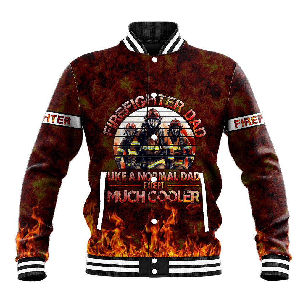 Unisex red firefighter baseball jacket with front graphic, flame pattern, striped rib trim