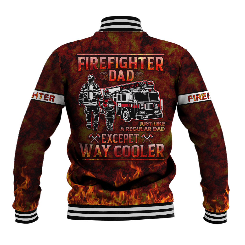 Unisex red firefighter baseball jacket, back graphic with firetruck and stripes, flame hem