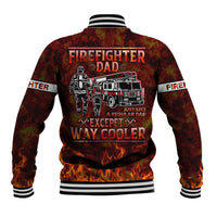 Unisex red firefighter baseball jacket, back graphic with firetruck and stripes, flame hem