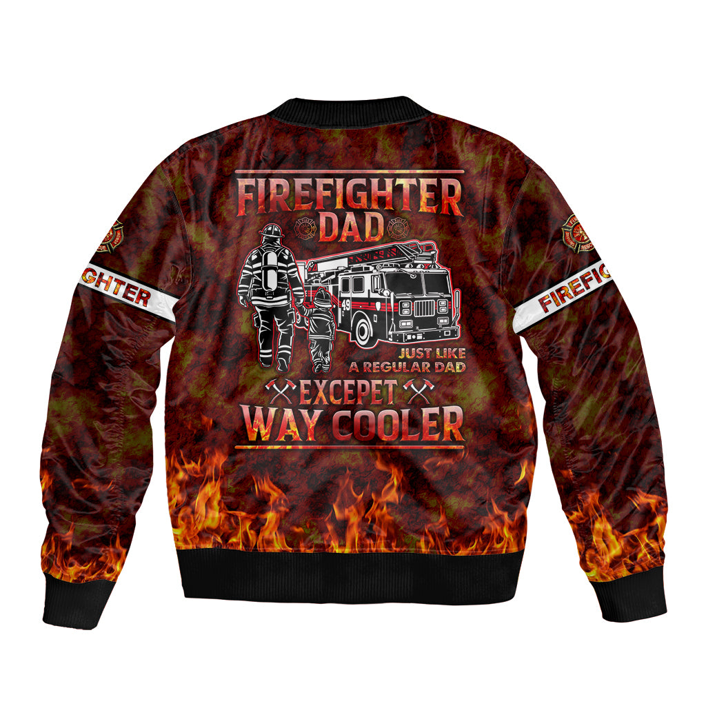Firefighter bomber jacket with zip front and fire truck graphic with flames