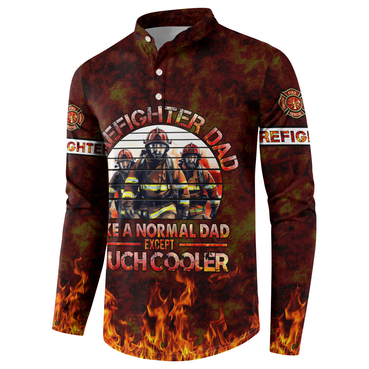 Firefighter dad button sweatshirt in red-brown with front graphic and flame accents
