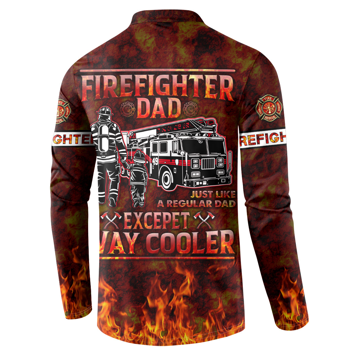 Back view firefighter dad button sweatshirt, red-brown with fire truck graphic and flames
