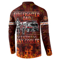 Back view firefighter dad button sweatshirt, red-brown with fire truck graphic and flames