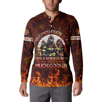Red-brown firefighter dad button sweatshirt with front print, flames at hem, long sleeves