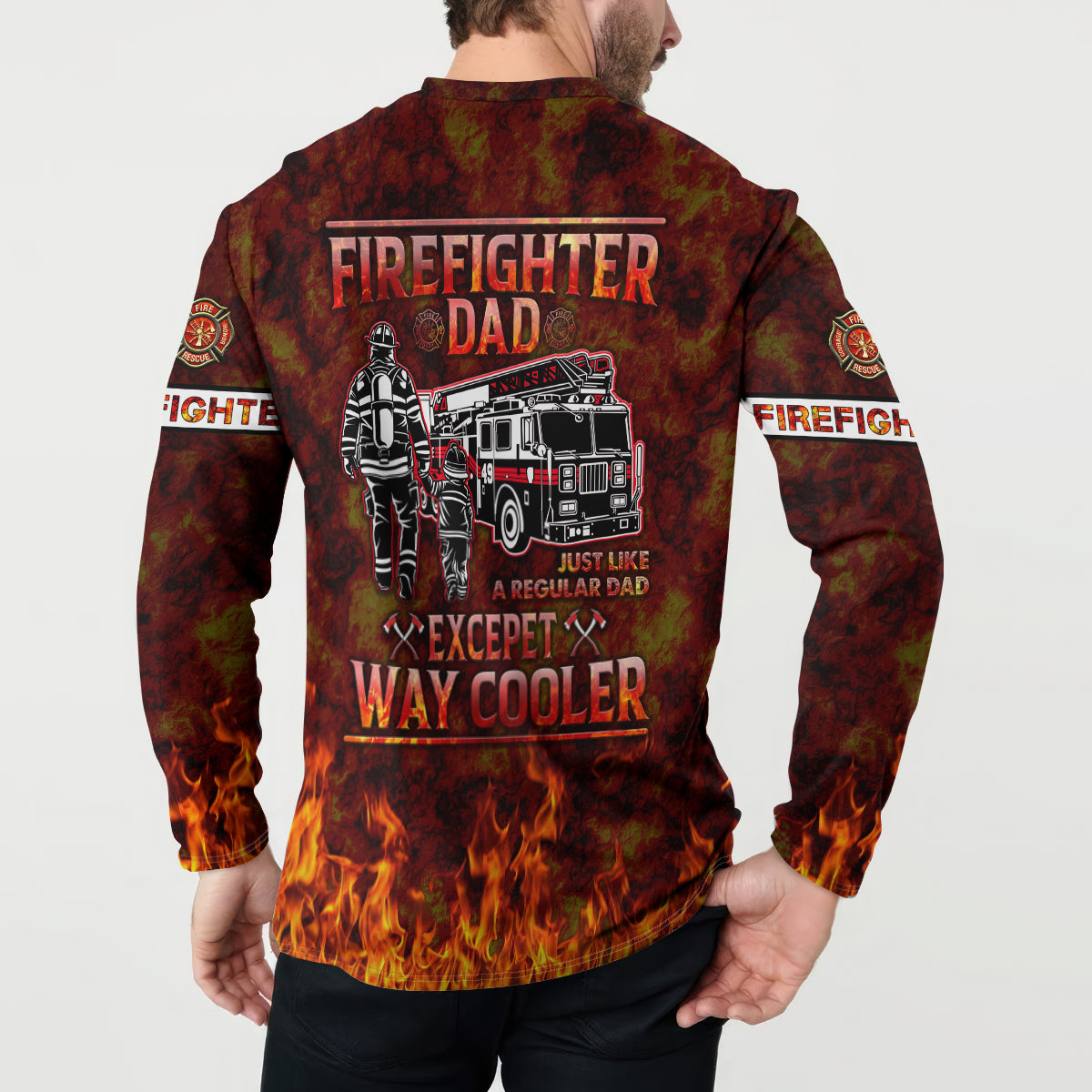 Back view firefighter dad button sweatshirt in red-brown with firefighter and fire truck art