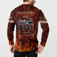 Back view firefighter dad button sweatshirt in red-brown with firefighter and fire truck art