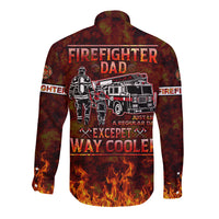 Red firefighter long-sleeve button shirt with back firefighter dad graphic and flames
