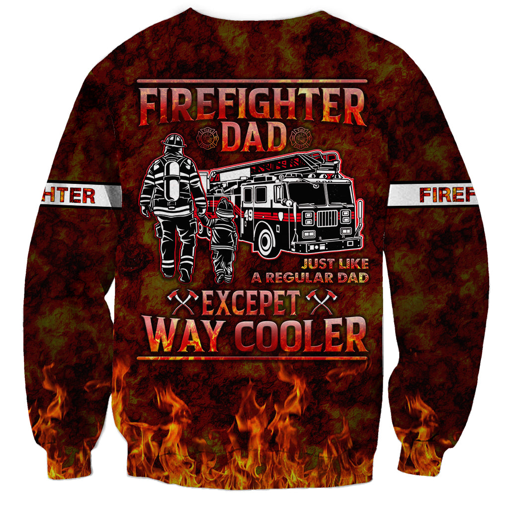 Red firefighter dad sweatshirt with fire engine graphic and flame bottom print