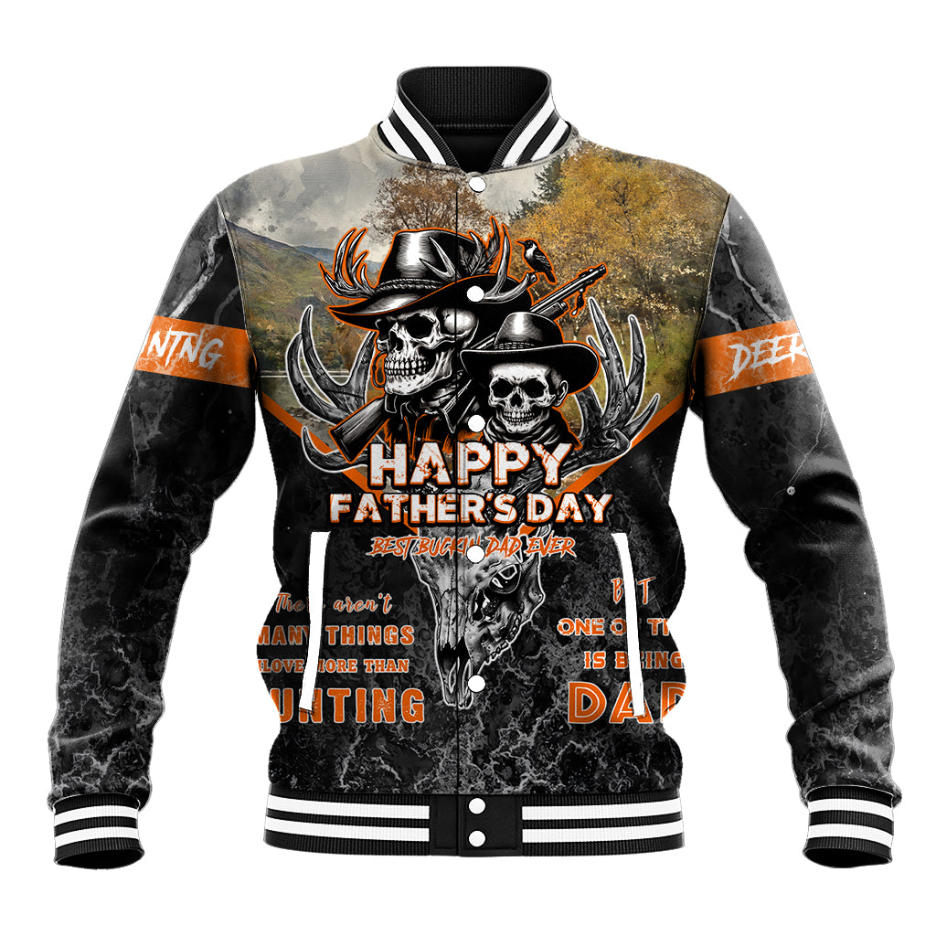 Dark skull deer graphic baseball jacket with striped rib collar and cuffs, button front