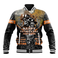 Dark skull deer graphic baseball jacket with striped rib collar and cuffs, button front