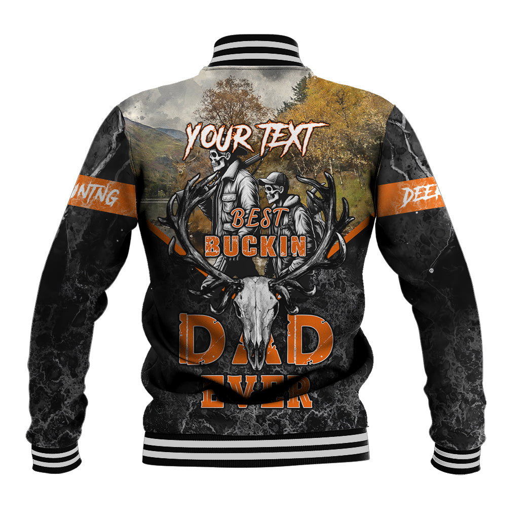 Dark skull deer graphic baseball jacket with striped rib collar, back text and button front