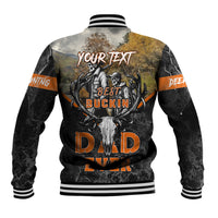 Dark skull deer graphic baseball jacket with striped rib collar, back text and button front