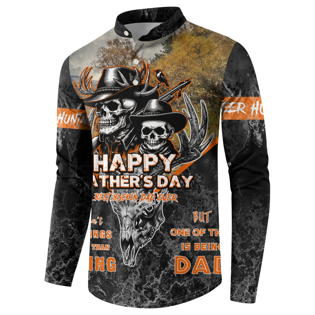 Dark button sweatshirt with skull hunting graphic and 'Happy Father's Day' text