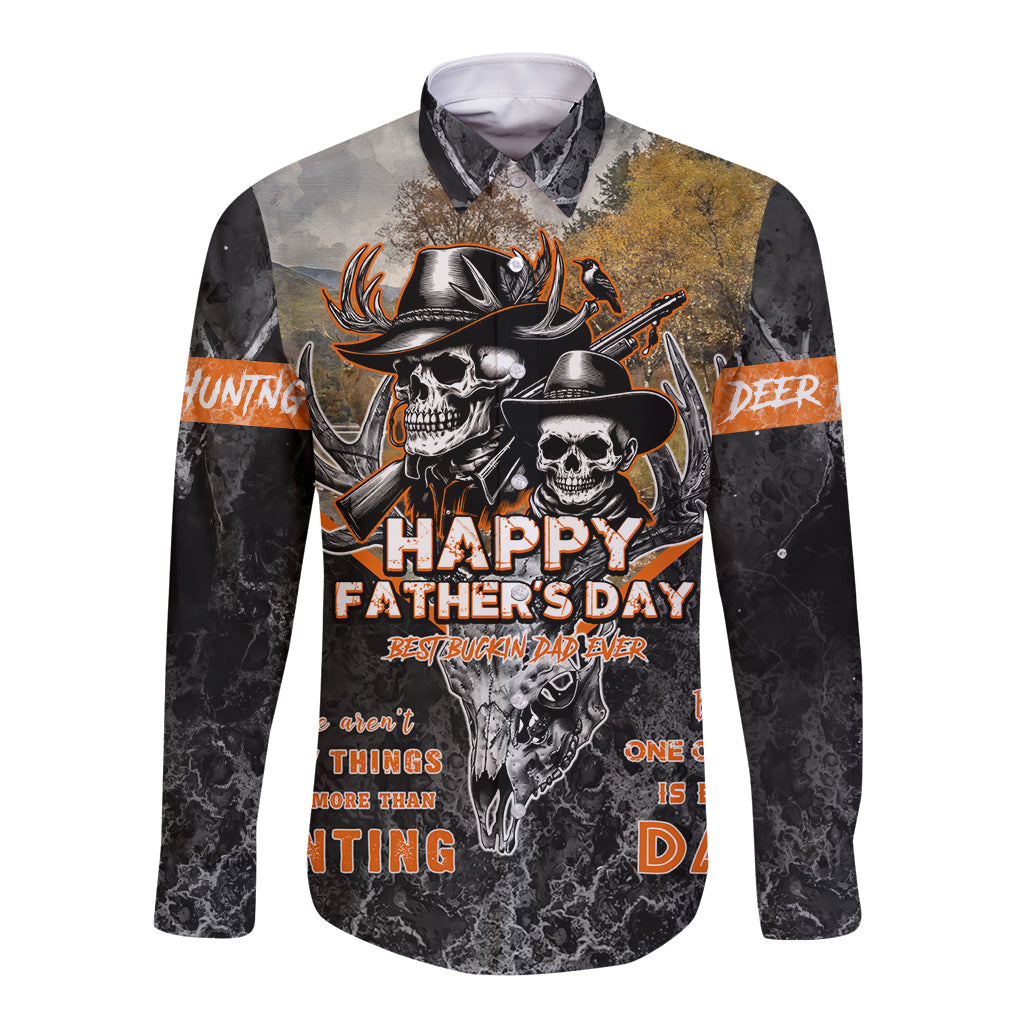 Dark long-sleeve button shirt with skull and deer hunting graphic, orange lettering